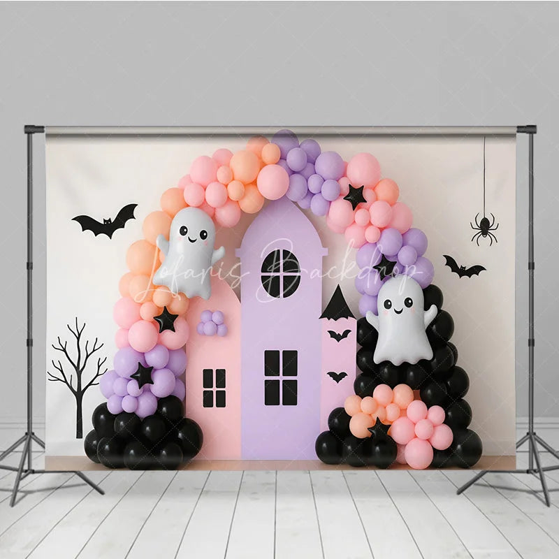 Lofaris Pastel Halloween Balloon Arch Photography Backdrop Cute Ghost with Pink and Purple Haunted House Girly Spooky Party