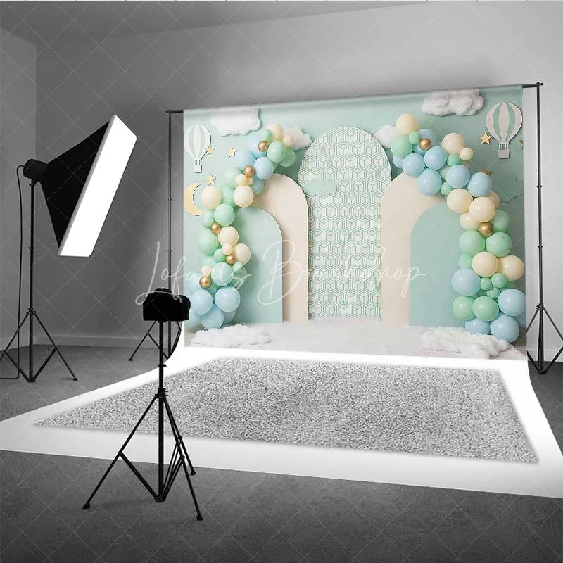 Lofaris Pastel Hot Air Balloon Photography Backdrop Mint Green Clouds Party Banner