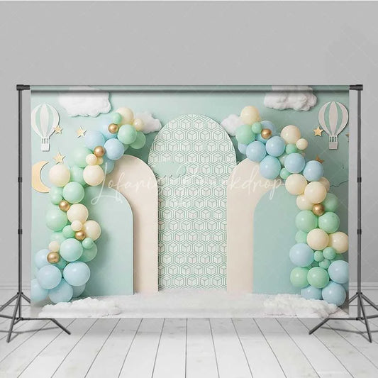 Lofaris Pastel Hot Air Balloon Photography Backdrop Mint Green Clouds Party Banner