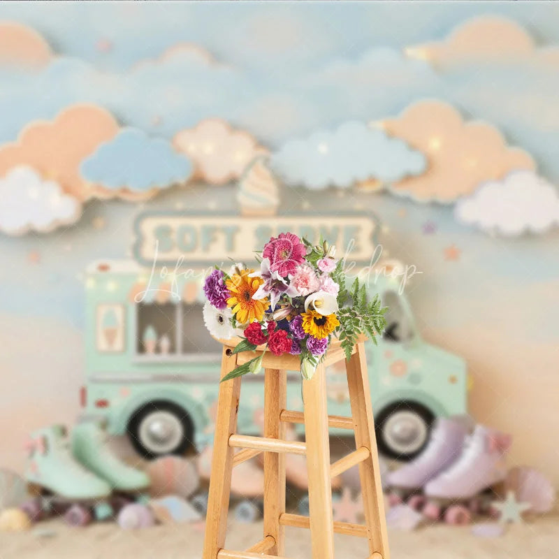 Lofaris Pastel Ice Cream Truck and Roller Skates Photography Backdrop Whimsical Soft Serve Summer Party Decor