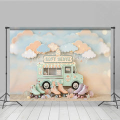 Lofaris Pastel Ice Cream Truck and Roller Skates Photography Backdrop Whimsical Soft Serve Summer Party Decor
