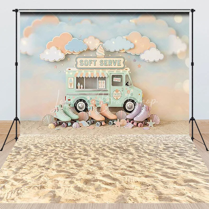 Lofaris Pastel Ice Cream Truck Soft Serve Combo Set Backdrop with Roller Skates Dreamy Clouds and Beach Sand for Summer Party