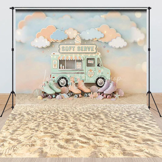 Lofaris Pastel Ice Cream Truck Soft Serve Combo Set Backdrop with Roller Skates Dreamy Clouds and Beach Sand for Summer Party