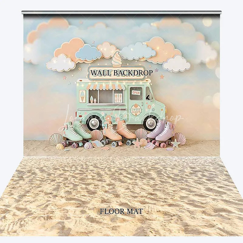 Lofaris Pastel Ice Cream Truck Soft Serve Combo Set Backdrop with Roller Skates Dreamy Clouds and Beach Sand for Summer Party
