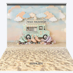 Lofaris Pastel Ice Cream Truck Soft Serve Combo Set Backdrop with Roller Skates Dreamy Clouds and Beach Sand for Summer Party