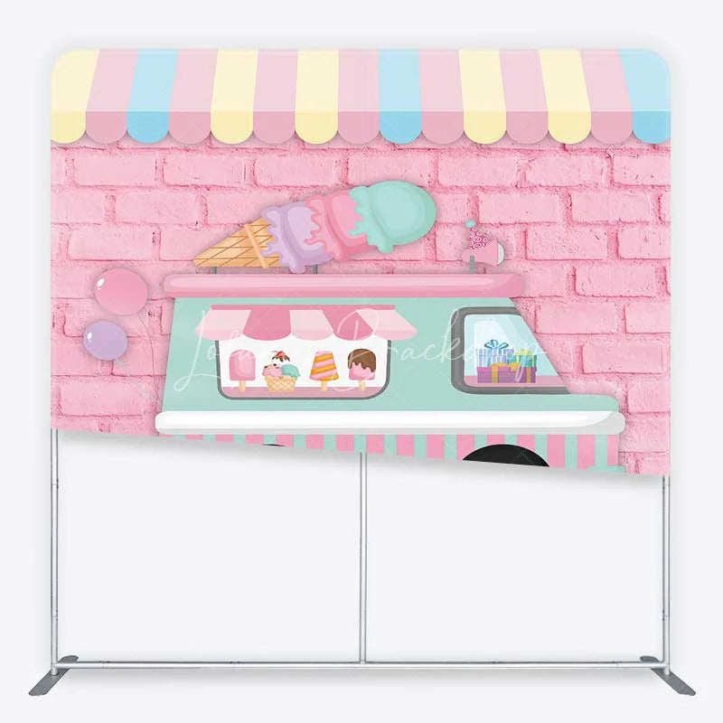 Lofaris Pastel Ice Cream Truck Tension Fabric Backdrop Pink Brick Wall Sweet Birthday Party Decoration