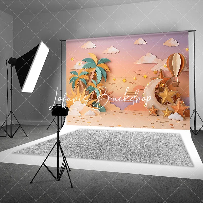Lofaris Pastel Paper Art Tropical Dream Photography Backdrop with Palm Trees Moon Stars and Hot Air Balloon Baby Shower.