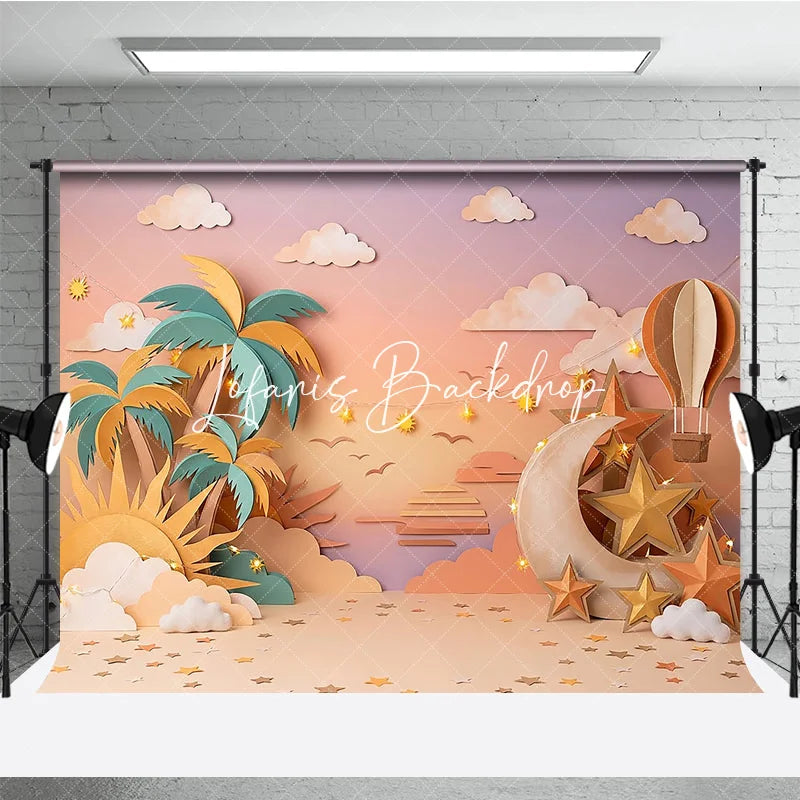 Lofaris Pastel Paper Art Tropical Dream Photography Backdrop with Palm Trees Moon Stars and Hot Air Balloon Baby Shower.