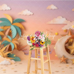 Lofaris Pastel Paper Art Tropical Dream Photography Backdrop with Palm Trees Moon Stars and Hot Air Balloon Baby Shower.