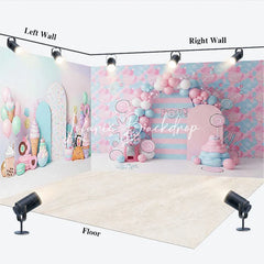 Lofaris Pastel Pink and Blue Candy Land Sweet Shop Room Set Backdrop Ice Cream Donut Balloon Arch Birthday Party Decor