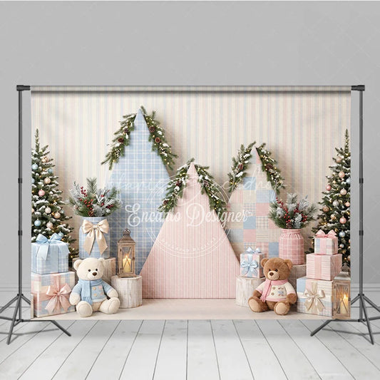Lofaris Pastel Pink and Blue Plaid Holiday Backdrop with Snowy Christmas Trees Gifts Teddy Bears Winter Photoshoot Decor
