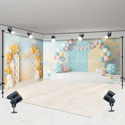 Lofaris Pastel Pink Blue and Yellow Balloon Arch Room Set Backdrop Whimsical Baby Shower Birthday Party Decor