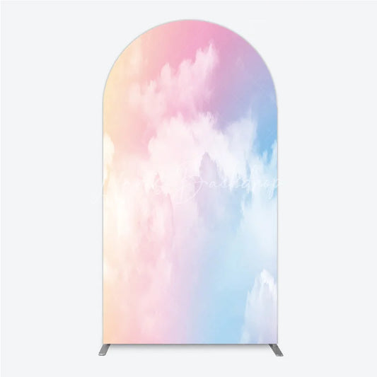 Lofaris Pastel Pink Blue Yellow Gradient Sky with Clouds Round Top Arch Backdrop Dreamy Photo Background Decor