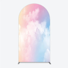 Lofaris Pastel Pink Blue Yellow Gradient Sky with Clouds Round Top Arch Backdrop Dreamy Photo Background Decor