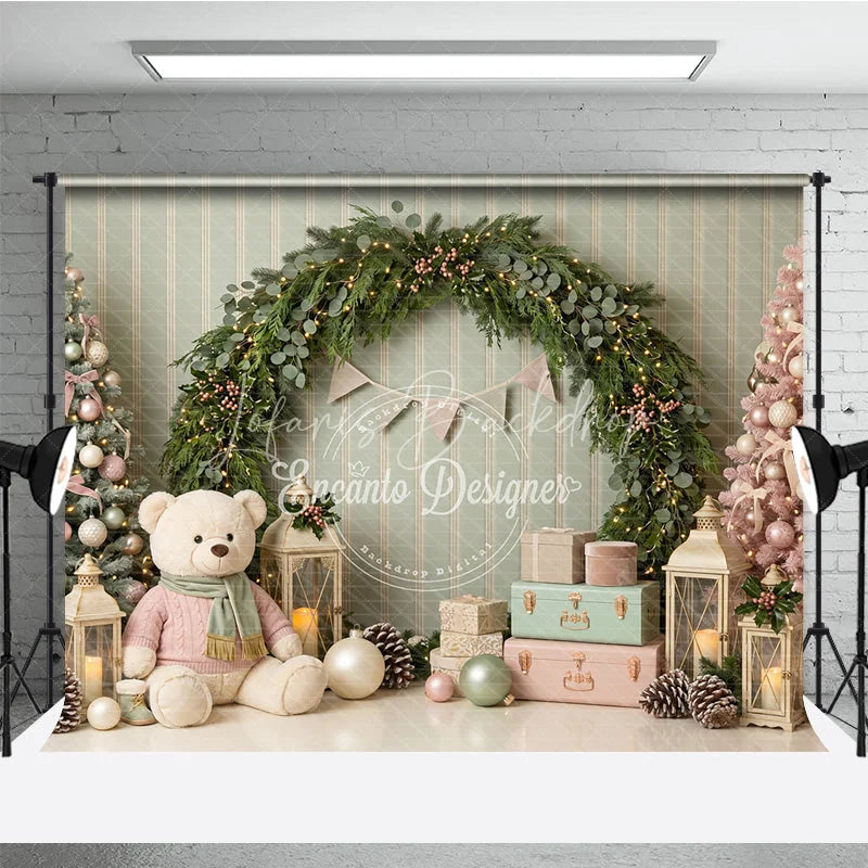 Lofaris Pastel Pink Green Christmas Trees Holiday Backdrop Festive Garland with Teddy Bear and Gifts Winter Wonderland Decor