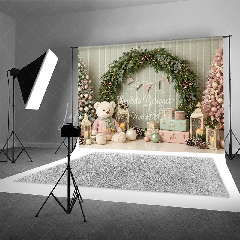 Lofaris Pastel Pink Green Christmas Trees Holiday Backdrop Festive Garland with Teddy Bear and Gifts Winter Wonderland Decor