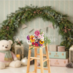 Lofaris Pastel Pink Green Christmas Trees Holiday Backdrop Festive Garland with Teddy Bear and Gifts Winter Wonderland Decor