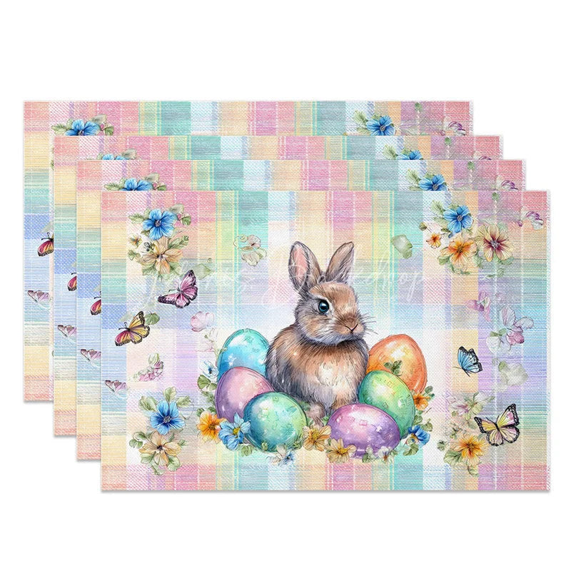 Lofaris Pastel Plaid Easter Bunny Set of 4 Placemats Colorful Egg Butterfly Rabbit Table Mats for Party