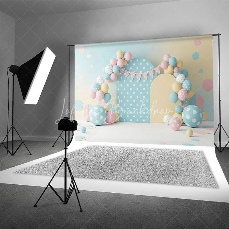 Lofaris Pastel Polka Dot and Balloon Arch Backdrop Colorful Circles Bunting for Toddler Birthday Cake Smash