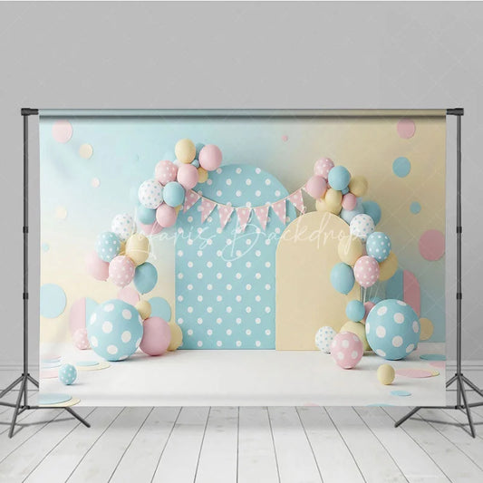 Lofaris Pastel Polka Dot and Balloon Arch Backdrop Colorful Circles Bunting for Toddler Birthday Cake Smash