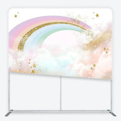 Lofaris Pastel Rainbow and Gold Glitter Stars Backdrop Magical Clouds Birthday Party Decor Tension Fabric