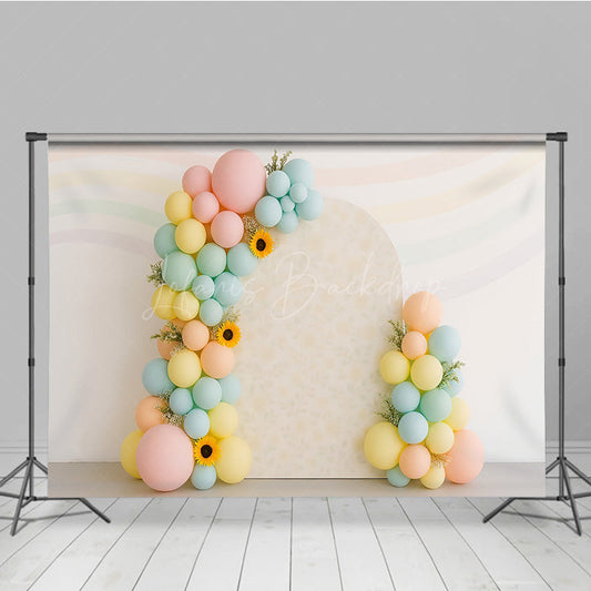 Lofaris Pastel Rainbow Balloon Arch Cake Smash Backdrop Daisy and Sunflower Floral Groovy First Birthday Photo Prop