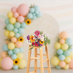 Lofaris Pastel Rainbow Balloon Arch Cake Smash Backdrop Daisy and Sunflower Floral Groovy First Birthday Photo Prop
