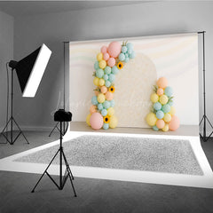 Lofaris Pastel Rainbow Balloon Arch Cake Smash Backdrop Daisy and Sunflower Floral Groovy First Birthday Photo Prop