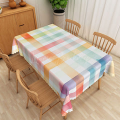 Lofaris Pastel Rainbow Checkered Rectangle Tablecloth in Pink Orange Blue and Purple for Girls Birthday