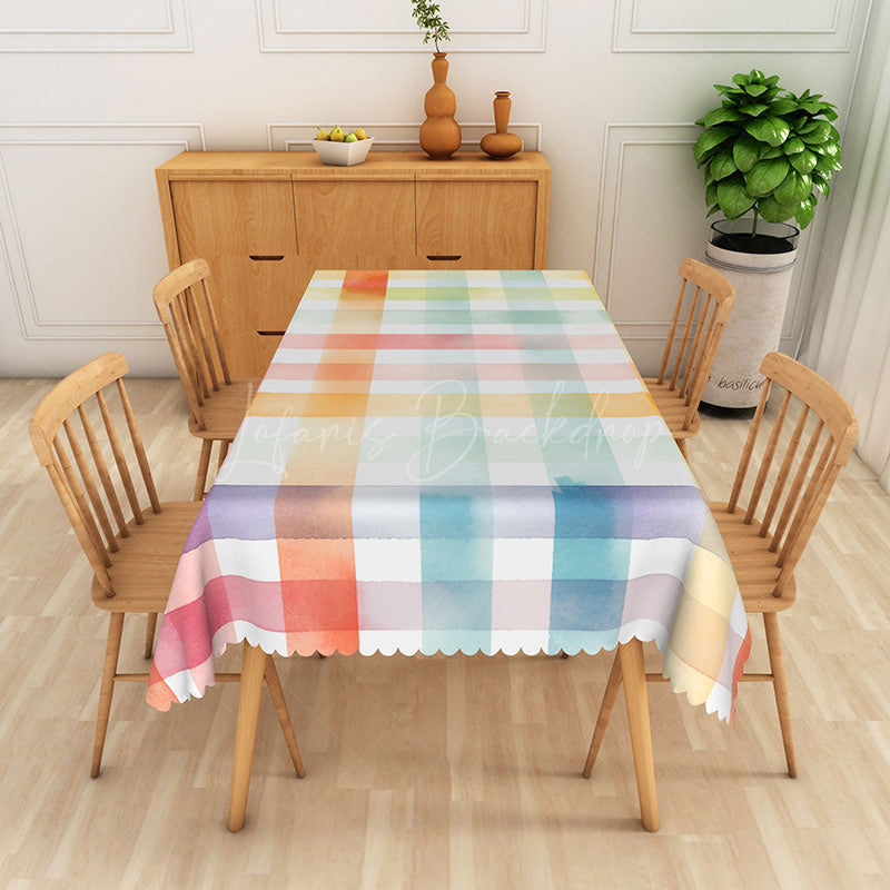 Lofaris Pastel Rainbow Checkered Rectangle Tablecloth in Pink Orange Blue and Purple for Girls Birthday
