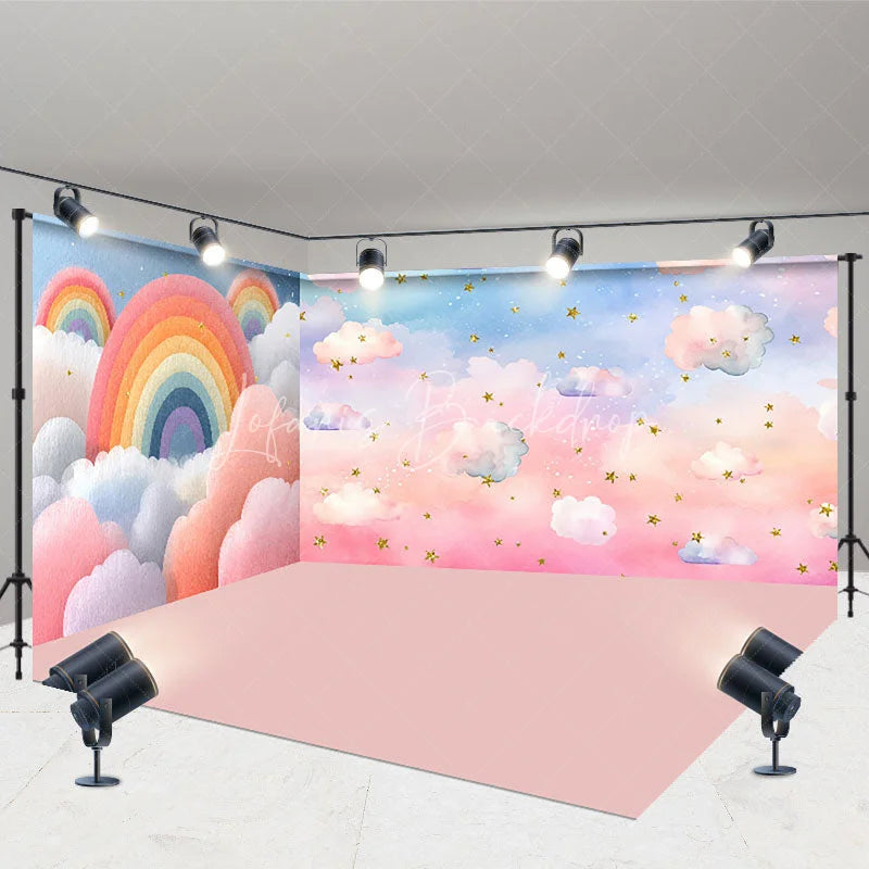 Lofaris Pastel Rainbow Clouds and Golden Stars Room Set Backdrop Dreamy Sky for Baby Shower Birthday