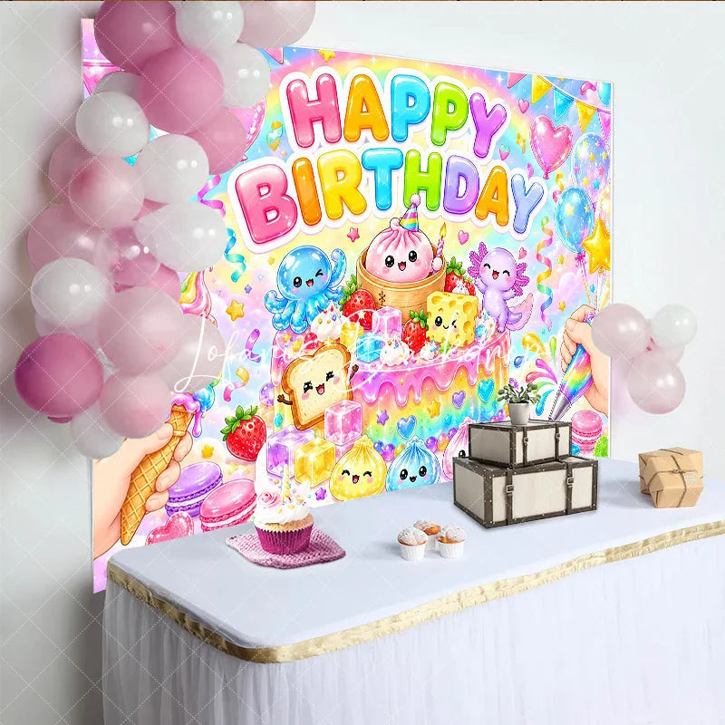 Lofaris Pastel Rainbow Happy Birthday Cake and Cute Characters Backdrop Whimsical Balloons Party Decor
