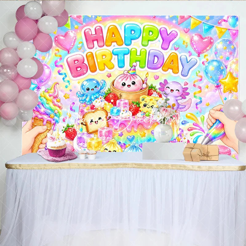 Lofaris Pastel Rainbow Happy Birthday Cake and Cute Characters Backdrop Whimsical Balloons Party Decor