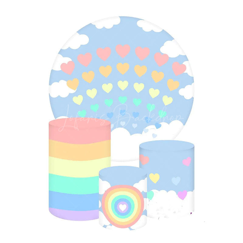 Lofaris Pastel Rainbow Hearts Birthday Round Backdrop Kit Blue Sky with Puffy Clouds Kids Party Photo Prop Decor