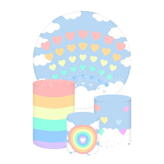 Lofaris Pastel Rainbow Hearts Birthday Round Backdrop Kit Blue Sky with Puffy Clouds Kids Party Photo Prop Decor