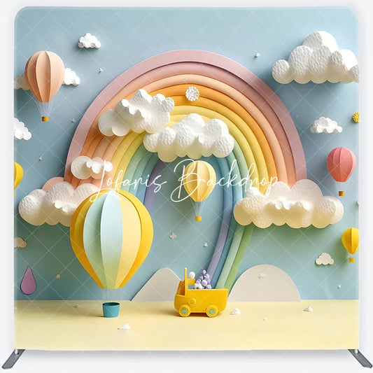 Lofaris Pastel Rainbow Hot Air Balloon and Fluffy Clouds Square Double-Sided Backdrop Dreamy Baby Shower Birthday Decor