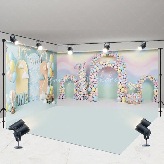 Lofaris Pastel Rainbow Waves and Bunny Room Set Backdrop First Birthday ONE Sign Hot Air Balloons