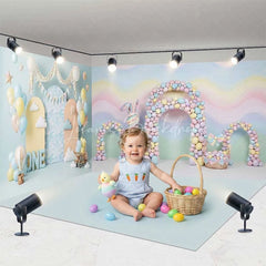 Lofaris Pastel Rainbow Waves and Bunny Room Set Backdrop First Birthday ONE Sign Hot Air Balloons