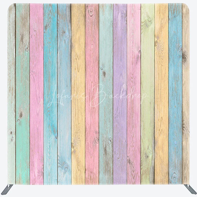 Lofaris Pastel Rainbow Wood Planks Double-Sided Tension Fabric Backdrop Shabby Chic Wall Easter Party Photo Booth