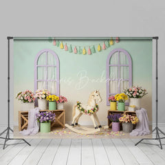 Lofaris Pastel Room Rocking Horse Combo Set Backdrop Spring Floral Nursery Photography Background
