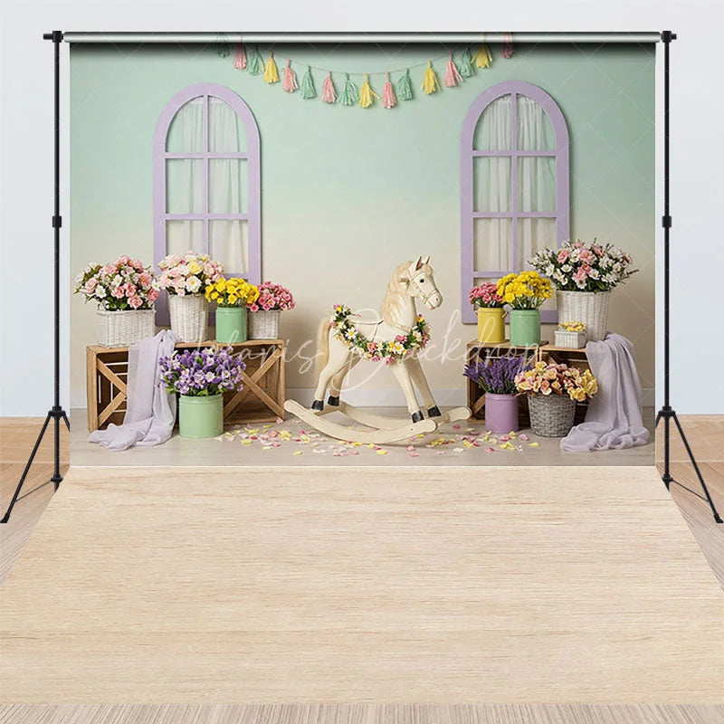 Lofaris Pastel Room Rocking Horse Combo Set Backdrop Spring Floral Nursery Photography Background