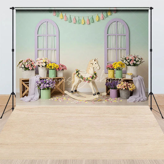 Lofaris Pastel Room Rocking Horse Combo Set Backdrop Spring Floral Nursery Photography Background