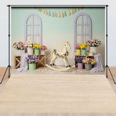 Lofaris Pastel Room Rocking Horse Combo Set Backdrop Spring Floral Nursery Photography Background