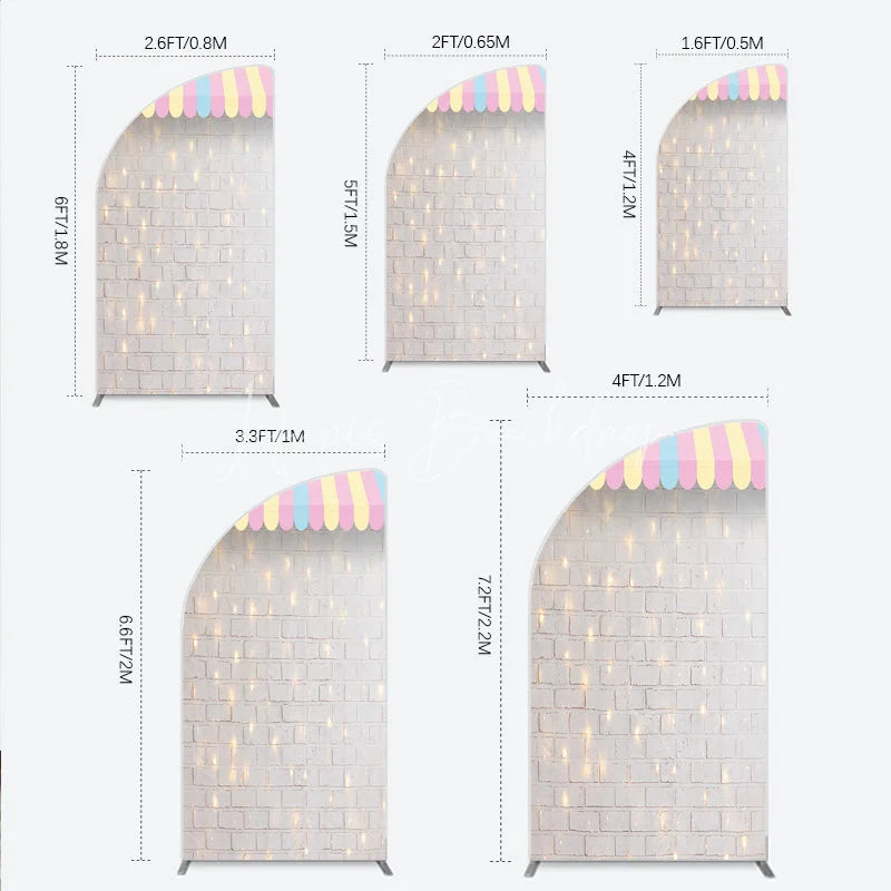 Lofaris Pastel Striped Awning Half Moon Arch Backdrop White Brick Wall with Fairy Lights Sweet Shop Party Decor