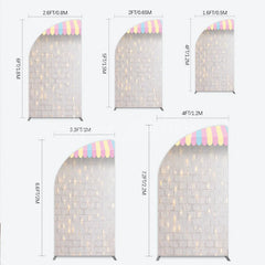 Lofaris Pastel Striped Awning Half Moon Arch Backdrop White Brick Wall with Fairy Lights Sweet Shop Party Decor