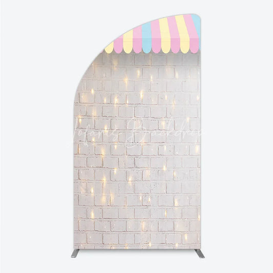 Lofaris Pastel Striped Awning Half Moon Arch Backdrop White Brick Wall with Fairy Lights Sweet Shop Party Decor