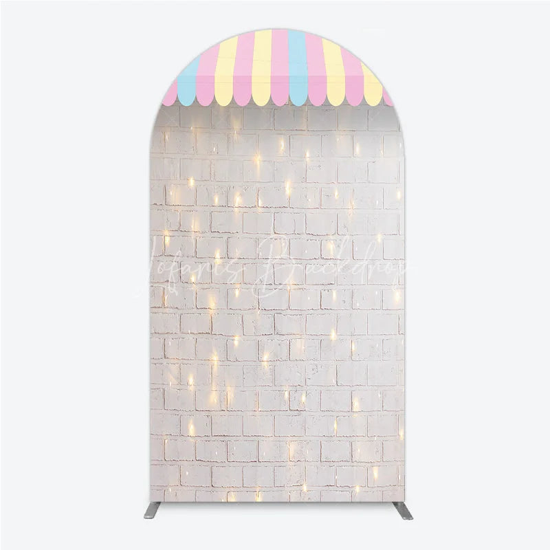 Lofaris Pastel Striped Awning White Brick Wall Round Top Arch Backdrop with String Lights Carnival Party Decor