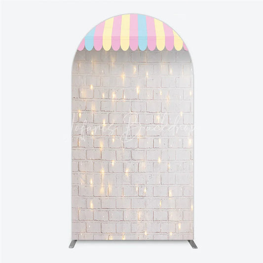 Lofaris Pastel Striped Awning White Brick Wall Round Top Arch Backdrop with String Lights Carnival Party Decor