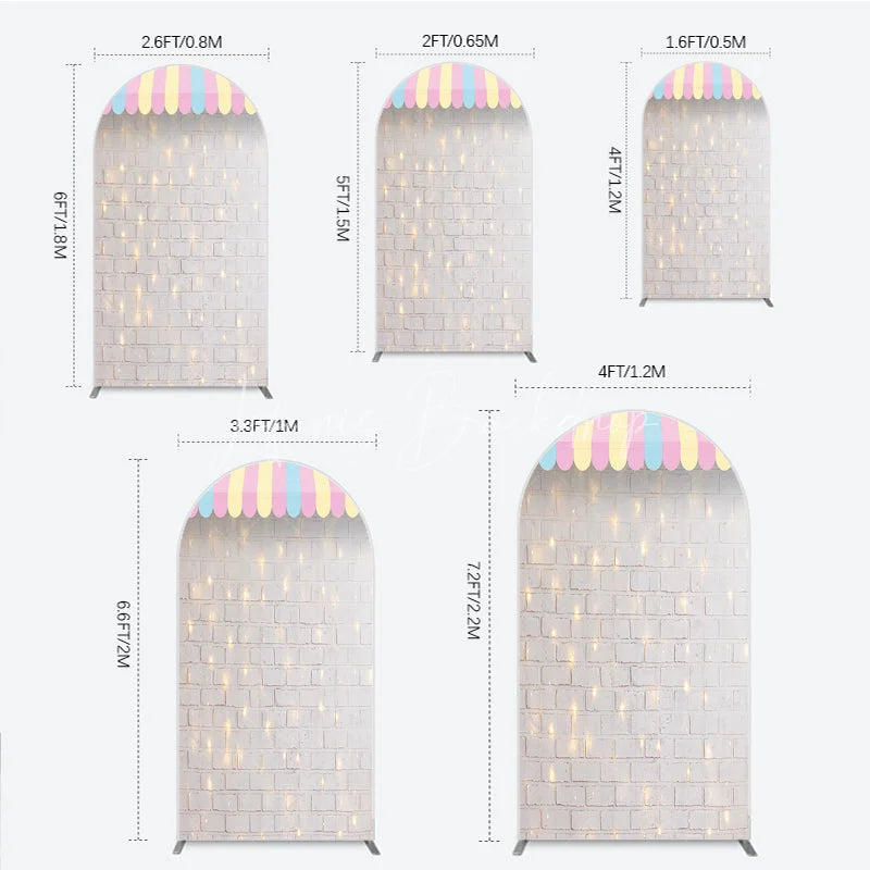 Lofaris Pastel Striped Awning White Brick Wall Round Top Arch Backdrop with String Lights Carnival Party Decor