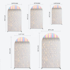 Lofaris Pastel Striped Awning White Brick Wall Round Top Arch Backdrop with String Lights Carnival Party Decor
